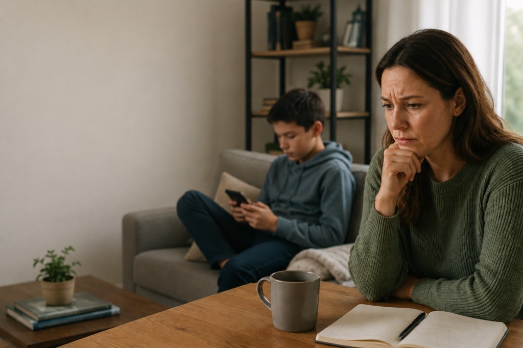 Concerned mother watching her son use a smartphone while thinking about online safety, screen time, and digital risks facing children.