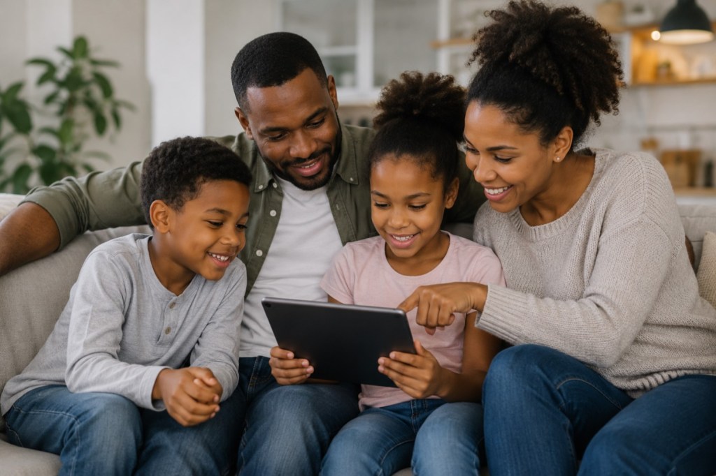 Black family using a tablet together at home while parents guide healthy screen habits and safe technology use for children.